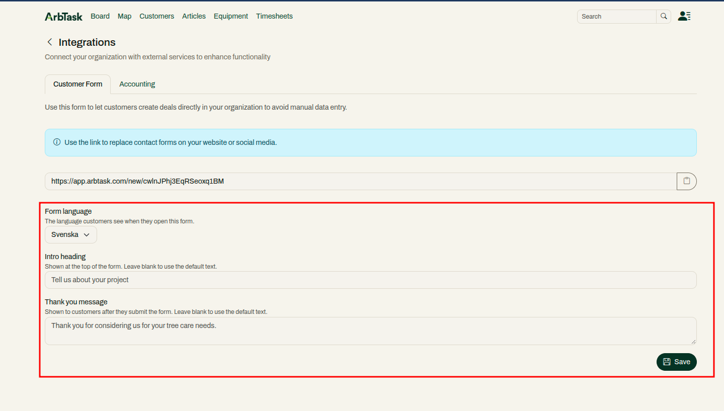 Customer Form settings in ArbTask Integrations with form language, intro heading and thank you message
