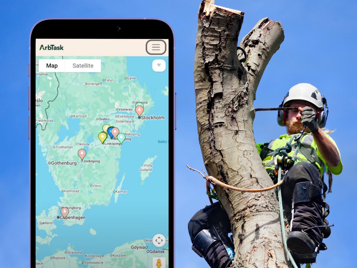 ArbTask map on a phone next to an arborist climbing a tree