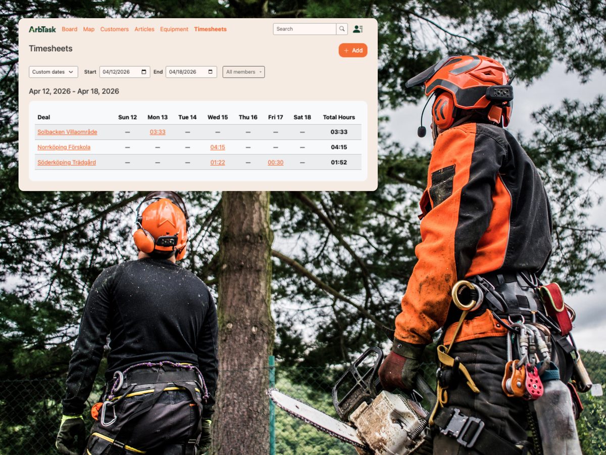 ArbTask crew view with assigned workers and logged hours on a tree job
