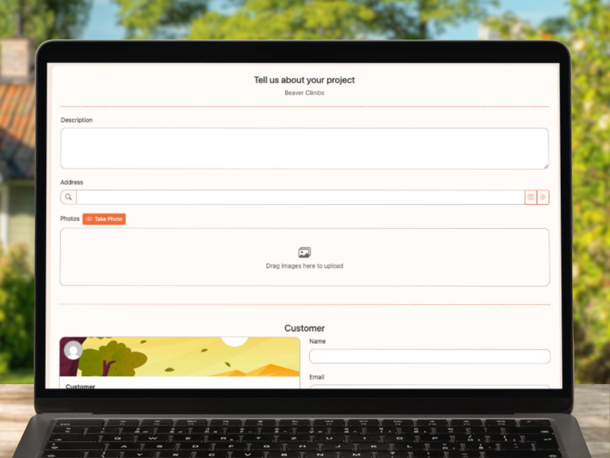 ArbTask customer form for requesting tree work with address, description, photos and map pin