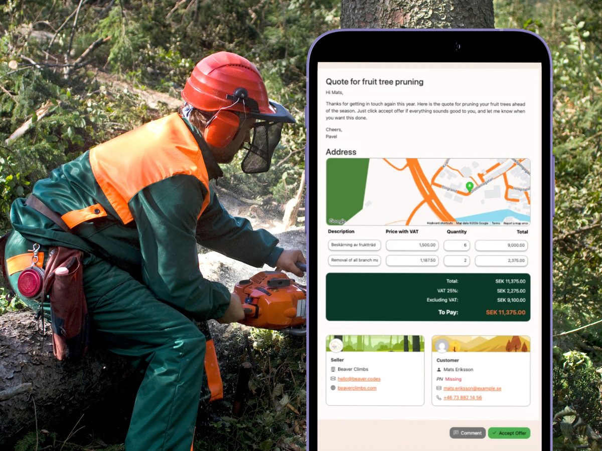 ArbTask quote builder showing line items, VAT and RUT-avdrag